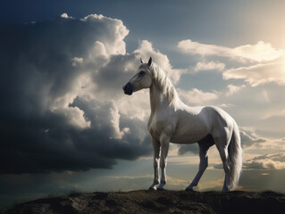 Obraz na płótnie Canvas Ethereal Elegance: Majestic White Horse Standing - Grace and Serenity in Equine Beauty - Generative AI