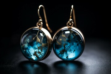 Earrings made of epoxy resin in shades of blue, white and gold. Generative AI - obrazy, fototapety, plakaty
