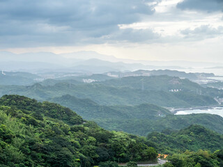 Fototapeta premium Landscape view of Jioufen (jiufen) village, mountain and sea view for viewpoint near Tea house in Taiwan. This village inpired the Ghibli animation 'Spirited Away'. 