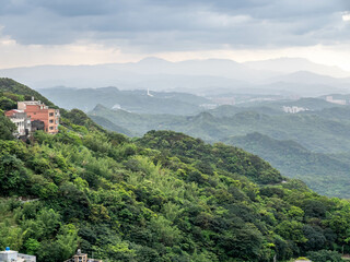 Landscape view of Jioufen (jiufen) village, mountain and sea view for viewpoint near Tea house in Taiwan. This village inpired the Ghibli animation 'Spirited Away'. 