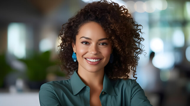 A happy young woman with curly hair is smiling, showing her joy and contentment. Her bright eyes and glowing face make her a sight to behold. She radiates positivity and joy. Created with AI.