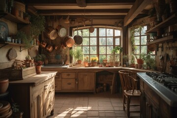 Luxurious vintage country kitchen with rustic charm, featuring wood, stone, beam, and garden view. Keywords: Charm, Rustic, Boho, Luxury, Rural, Exposed, Architecture, Design, Garden. Generative AI