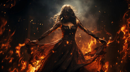 Dancing witch in the fire - obrazy, fototapety, plakaty