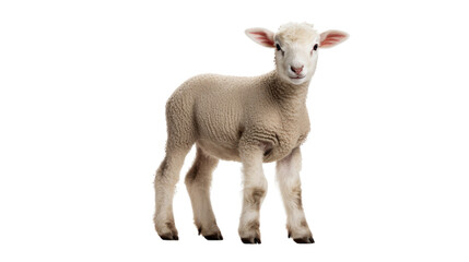 Naklejka premium A lamb, which is a young sheep, stands alone on a transparent background and gazes directly at the camera. The image captures the lamb's entire body from a side perspective. This photograph represents