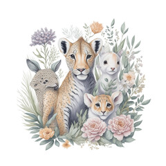 Fototapeta na wymiar Watercolor safari animals illustration, generative ai