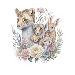 Obraz na płótnie Canvas Watercolor safari animals illustration, generative ai