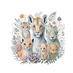 Watercolor safari animals illustration, generative ai