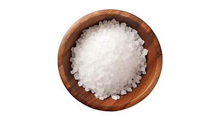 Fototapeta na wymiar Sea salt, both coarse and fine, placed in a wooden bowl, portrayed alone on a plain transparent background. The perspective is from above, presenting a flat arrangement.