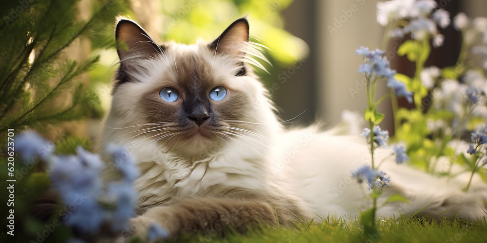 Wall mural portrait of ragdoll cat with blue eyes lying and look away by sunny window, with green flower tree b