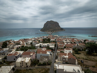 Aerial view of the medieval city of Monemvasia on rocky slopes in Laconia, east coast of Peloponnese, Greece