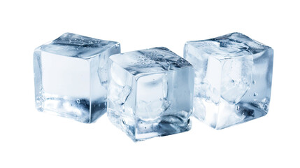 Three ice cubes, separated on a plain transparent background.