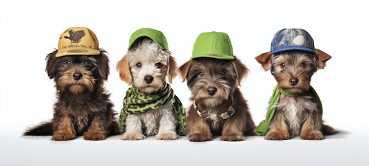 Photographed puppies in a row with superhero costume isolated on pastel background 