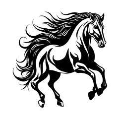 Horse with an big mane galloping, black vector design 