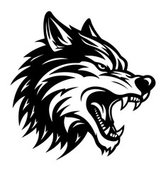 Black and white illustration of a fierce wolf head with detailed fur and aggressive expression.