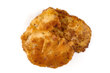 Homemade breaded chicken Wiener schnitzel, isolated on white background.