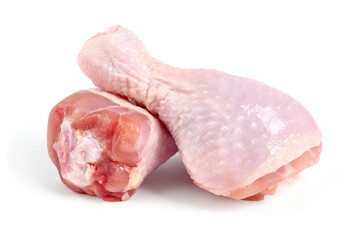 Raw chicken legs, isolated on white background.