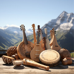 Collection of musical instruments, nature background