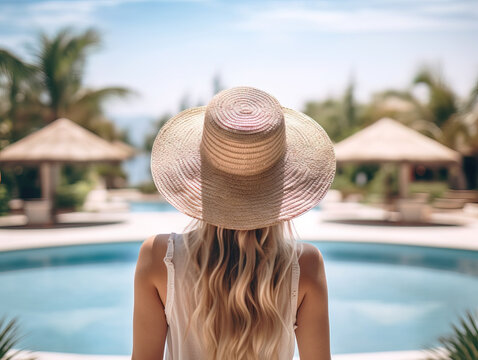 Back view of young stylish woman with long blond hair wearing straw hat on her vacation at a beautiful resort, standing by a warm summer swimming pool with blue water on a sunny day. Vacation,
