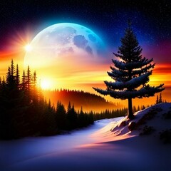 Obraz premium christmas landscape with christmas tree, space art with sunset, planet and stars, mysterious, dreamlike, othereal, high detail, ai generated