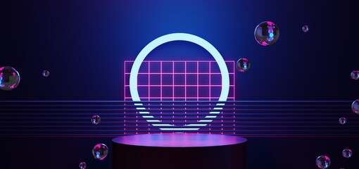 futuristic gaming esports background abstract wallpaper, cyberpunk style scifi game, stage concert scene in pedestal display room, led neon glow light, 3d illustration rendering © Kantapon