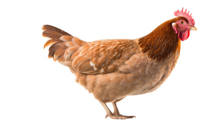 Entire body of a brown chicken, a female poultry, standing alone on a transparent background. Suitable for a theme related to farm animals and livestock.
