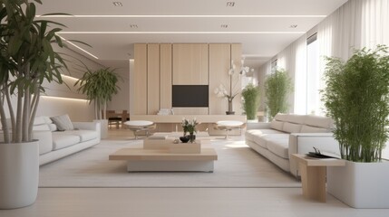 Fototapeta na wymiar Enclosed living room view contemporary interior, big windows and high ceiling . Generative ai,