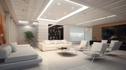 Fototapeta na wymiar Enclosed living room view contemporary interior, big windows and high ceiling . Generative ai,