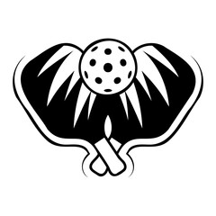 Pickleball Icon. Black and White Vector Illustration of with two pickleball paddles and Ball for Sports Enthusiasts.