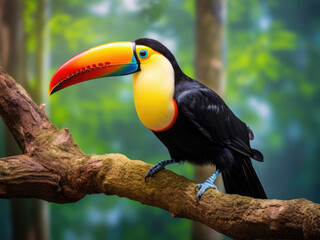 Fototapeta premium Toucan sits on a branch in the summer forest