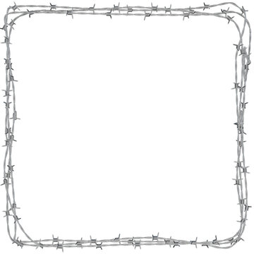 a 3D illustration of a barbed wire fence twisted into the shape of a square frame.