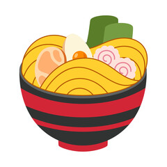 Vector illustration of delicious Japanese ramen noodle on bowl with flat style. Traditional Asian noodle soup. Ramen with eggs and shrimp. The noodles are hanging on sticks. Eastern cuisine.