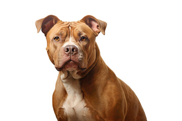 A pitbull-type dog with brown and white fur is seated in a studio portrait. The dog is gazing ahead with its head tilted, resting against a pale grey backdrop.