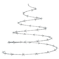 a 3D illustration of a barbed wire fence twisted in a spiral pattern resembling a Christmas tree shape.