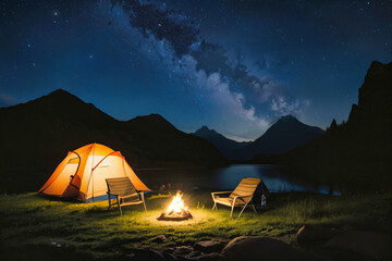 Summer camping in the mountains. Tents in the night with the starry sky and clouds in the background. © birdmanphoto
