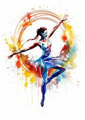 Watercolor abstract representation of rhythmic gymnastics. Rhythmic gymnastics player in action during colorful paint splash, isolated on white background. AI generated illustration.