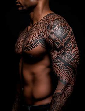 Muscular man with tribal tattoos on on his arm and chest against black background. Generative Ai image
