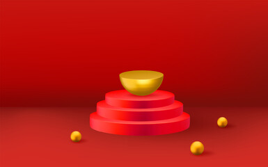 Abstract realistic 3D cylinder pedestal in the scarlet room.Empty 3d round red podium and golden balls.