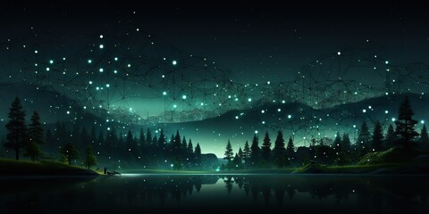 Naklejka premium AI Generated. AI Generative. Glowing light energy forest trees at night. Nature outdoor wild landscape. Graphic Art