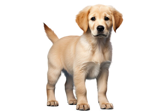 A stunning puppy of the golden retriever breed stands alone against a blue backdrop. The dog is pictured in a studio setting, captured from the front.