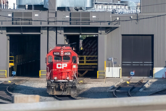 Calgary, Alberta, Canada. July 5, 2023. Front view of a Canadian pacific train engine