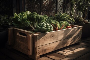 A handmade wooden planter filled with fresh veggies, situated on a terrace garden. Generative AI