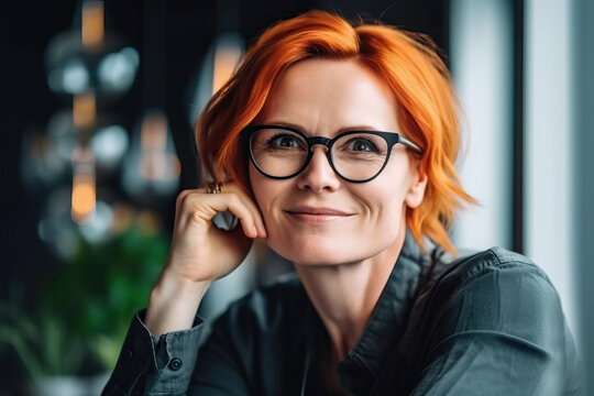 Illustration of a woman with red hair and glasses posing for a picture in a professional business setting created with Generative AI technology