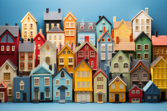 Toy village with many colored miniature houses - Generative AI
