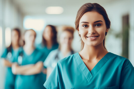 Portrait Of A Young Nursing Student Standing With Her Team In Hospital, Dressed In Scrubs, Doctor Intern . High Quality Photo