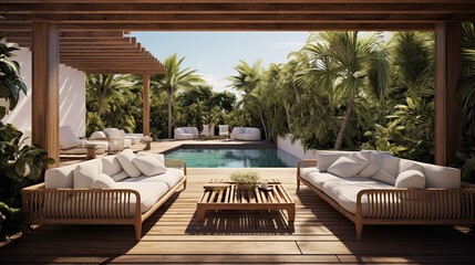 pool in resort, terrace with sofas and sun loungers by the pool. Villa in Bali, Villa in Hawaii, Villa in Thailand