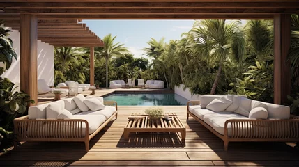 Foto auf Acrylglas Garten pool in resort, terrace with sofas and sun loungers by the pool. Villa in Bali, Villa in Hawaii, Villa in Thailand
