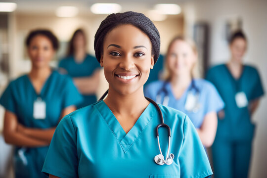 Portrait of a young nursing student standing with her team in hospital, dressed in scrubs, Doctor intern . High quality photo