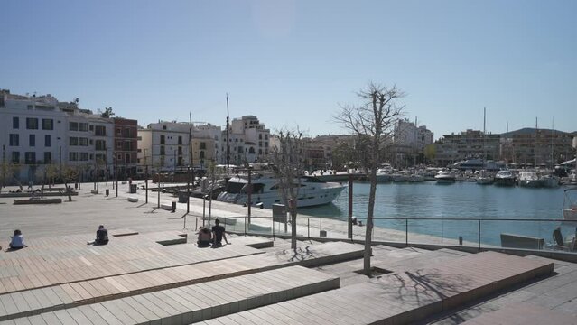 Eivissa Harbour and Cathedral above Dalt Vila old town, Ibiza Town, Ibiza, Balearic Islands, Spain