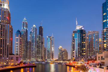 Skyline of modern high-rise buildings at Dubai Marina, UAE.