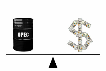 100 US dollars and crude oil barrel  with word OPEC on scales - obrazy, fototapety, plakaty